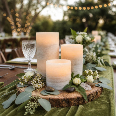 Flameless LED Pillar Candle Marble on rustic outdoor tablescape with greenery - thumbnail number 6