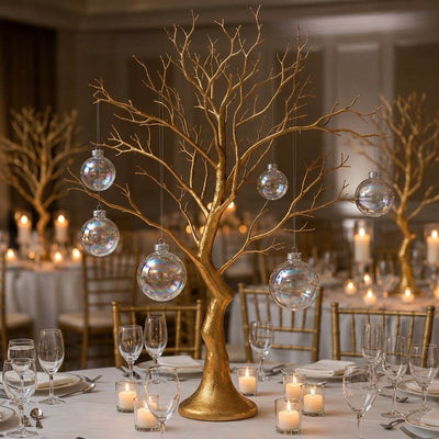 Iridescent glass ornaments hanging from a gold decorative centerpiece tree - thumbnail number 3