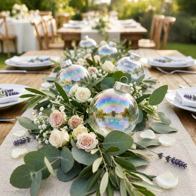 Iridescent glass ornaments styled in a table runner with greenery and roses - thumbnail number 5