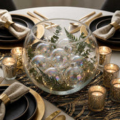 Iridescent glass ornaments filled in a glass bowl centerpiece with greenery and lights - thumbnail number 6