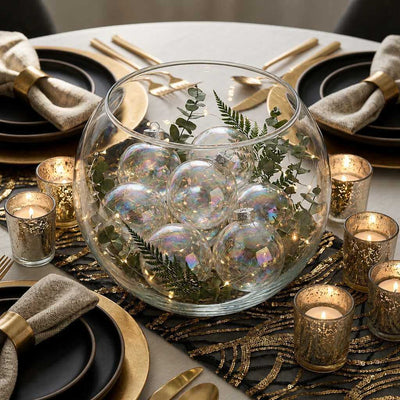 Iridescent glass ornaments filled in a glass bowl centerpiece with greenery and lights - thumbnail number 6