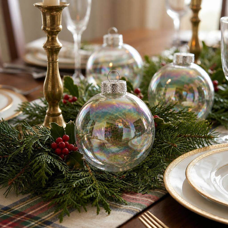 Iridescent glass ornaments styled in holiday greenery table runner with red berries - thumbnail number 9