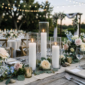 Outdoor wedding table with white pillar candles in glass vases and floral arrangements - thumbnail number 4