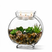 Glass bowl vase with succulent plants, stones, and floating candles - thumbnail number 3