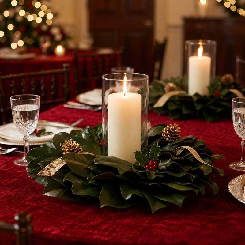 Magnolia wreath with candle and pinecones on table - thumbnail number 4
