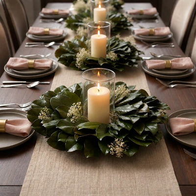 Magnolia wreaths with candles as table centerpieces - thumbnail number 3