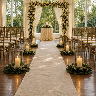Wedding aisle with magnolia wreath candle lanterns and floral arch - thumbnail number 5