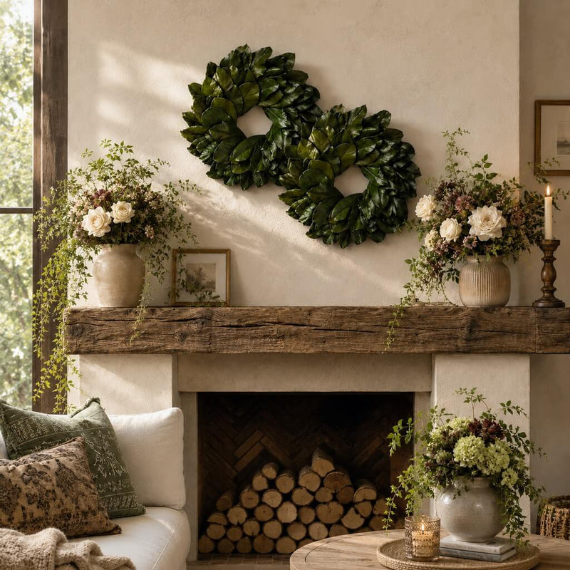 Two magnolia wreaths hung above fireplace mantel with floral arrangements - thumbnail number 8