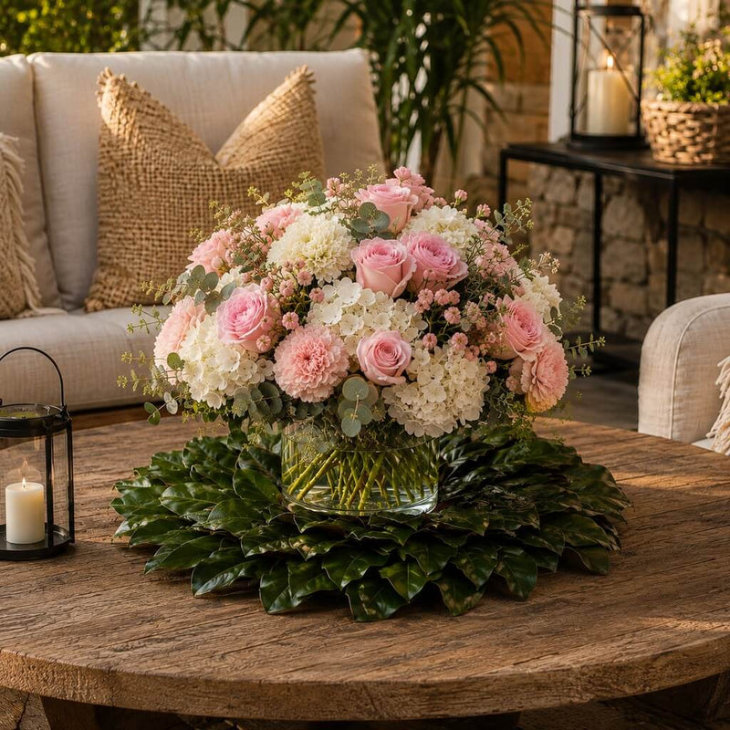 Pink flowers in glass vase on magnolia wreath - thumbnail number 9