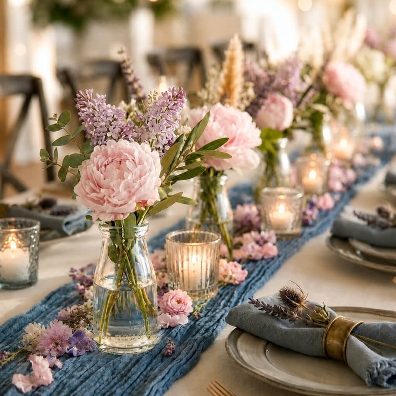 Rhea Bud Vase with pink peonies and purple flowers on a table with a blue runner - thumbnail number 5