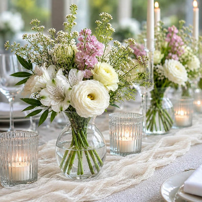Bud Vase with fresh white and pink flowers on a wedding table - thumbnail number 7