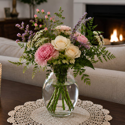 Glass vase with a vibrant floral bouquet on a table - thumbnail number 9
