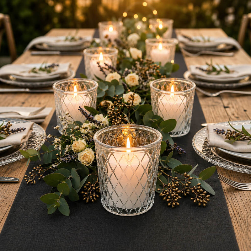 Tipper Vase & Candle Holders casting a warm glow down an upscale outdoor dinner tablescape - thumbnail number 6