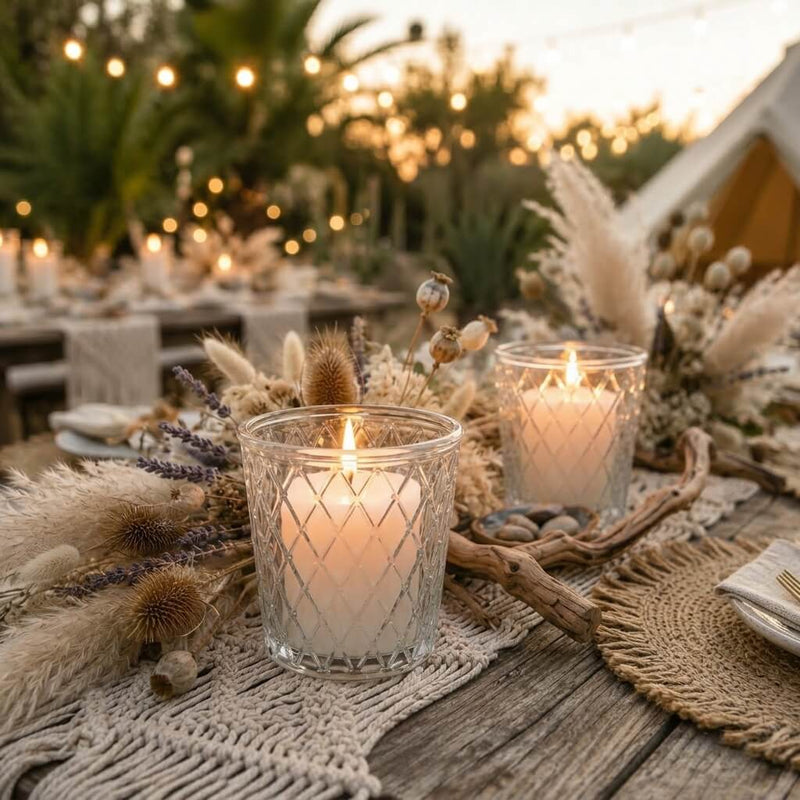 Lit white candles in tipper glass votive holders on a boho macrame tablescape - thumbnail number 4