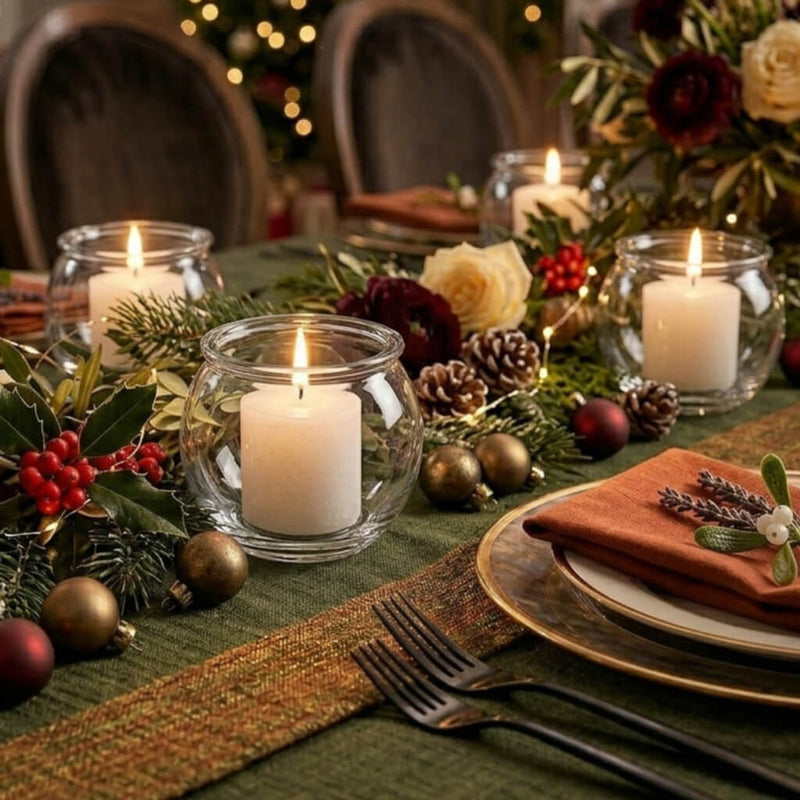 Holiday table centerpiece with candles and greenery - thumbnail number 8