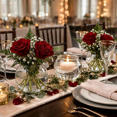 4" bubble vases with red roses and a candle on an elegant tablescape - thumbnail number 4