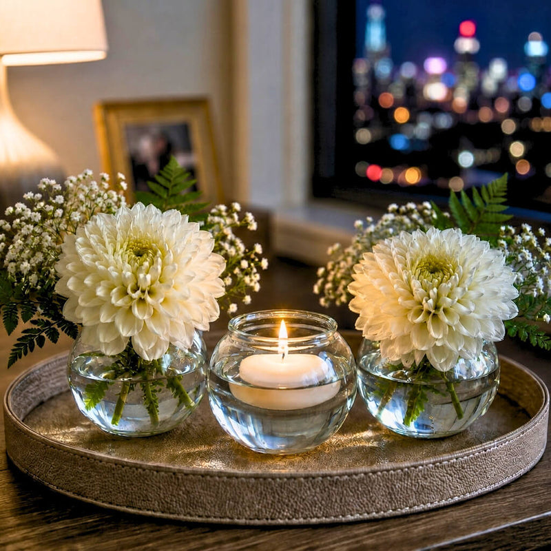 4" bubble vases with dahlias and a candle on a tray - thumbnail number 8