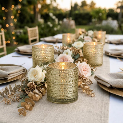 Pearly metallic gold mercury candle holders on an elegant outdoor dining table - thumbnail number 3