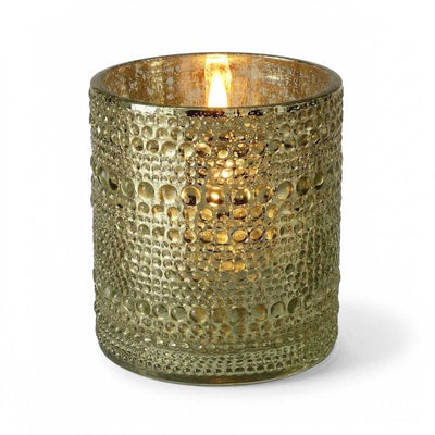 Pearly metallic gold mercury candle holder with glowing light on white background - thumbnail number 2