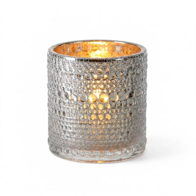 Pearly silver candle holder with glowing light on white background - thumbnail number 2