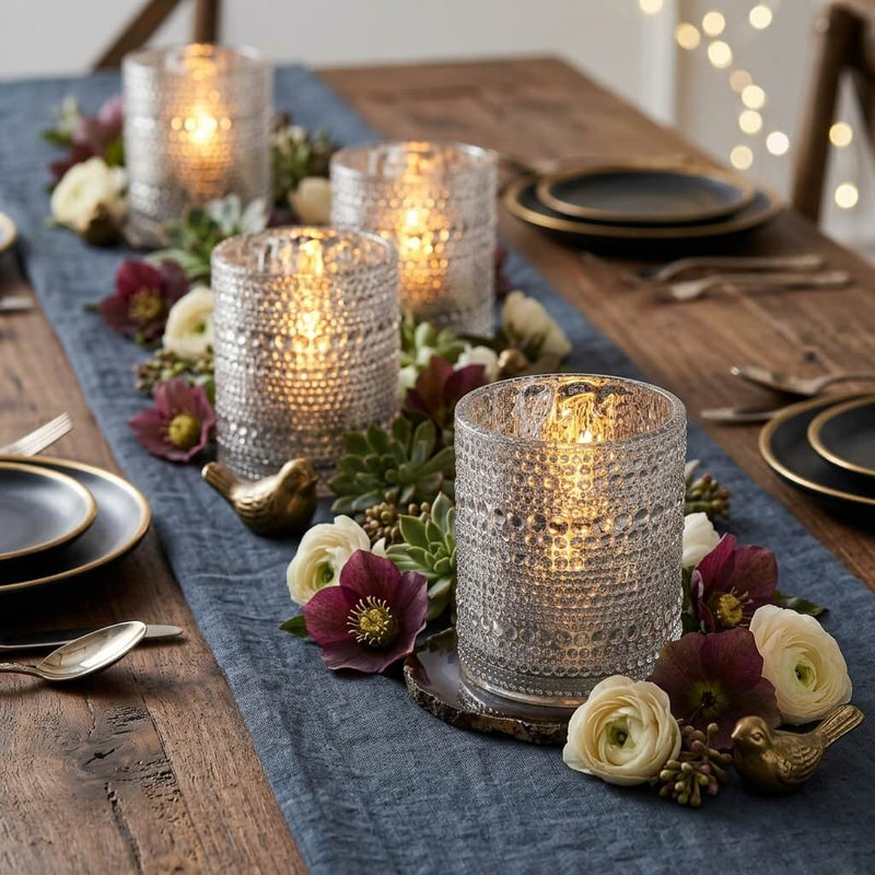 Pearly silver candle holders with floral decor on a rustic wooden dining table - thumbnail number 5