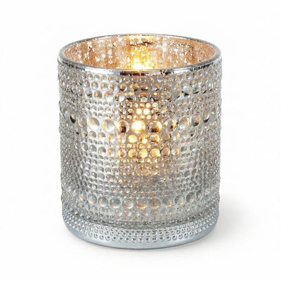 Pearly silver candle holder with glowing light on white background - thumbnail number 2
