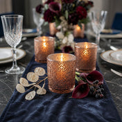 Rose gold mercury candle holders on elegant navy floral dinner table centerpiece - thumbnail number 3