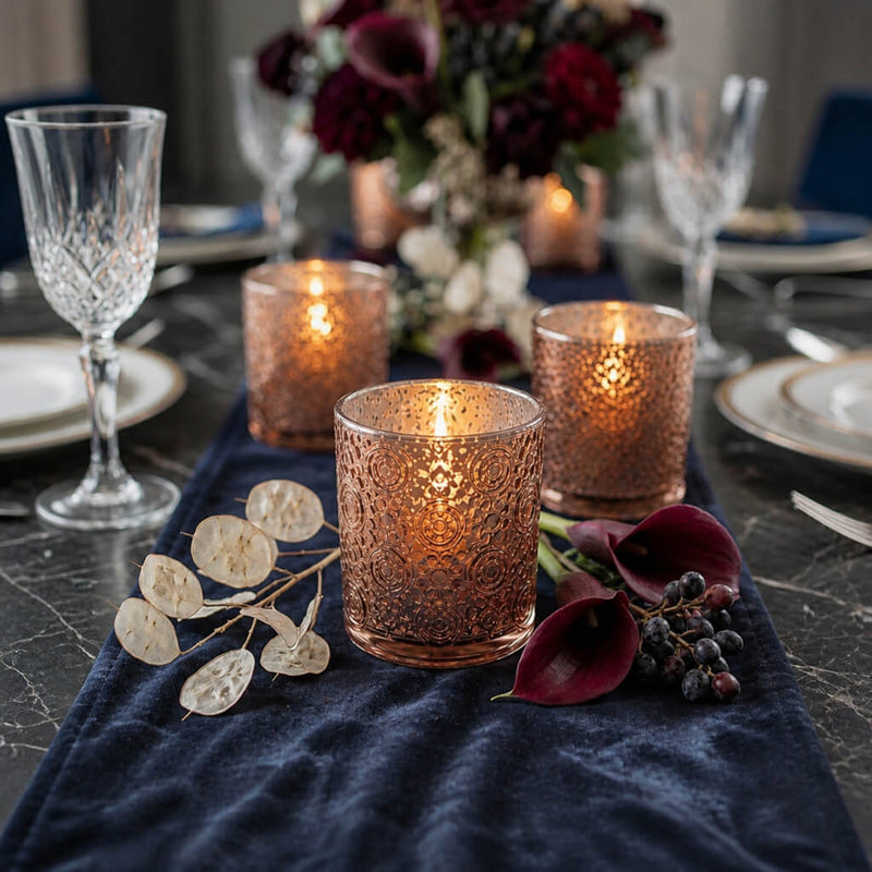 Rose gold mercury candle holders on elegant navy floral dinner table centerpiece - thumbnail number 3