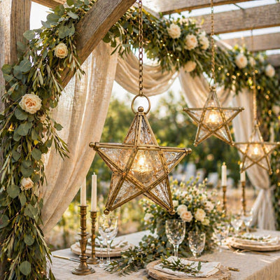 Decorative table setting with star-shaped lanterns, greenery, and candles in an outdoor setting. - thumbnail number 5