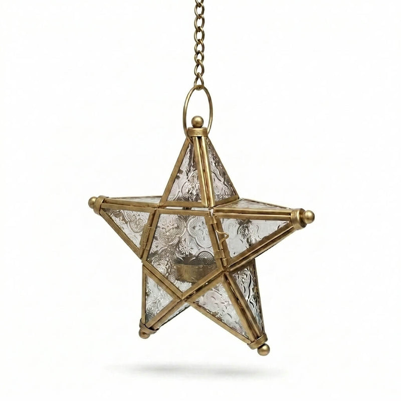 Star-shaped lantern with brass frame and clear glass on a white background - thumbnail number 1