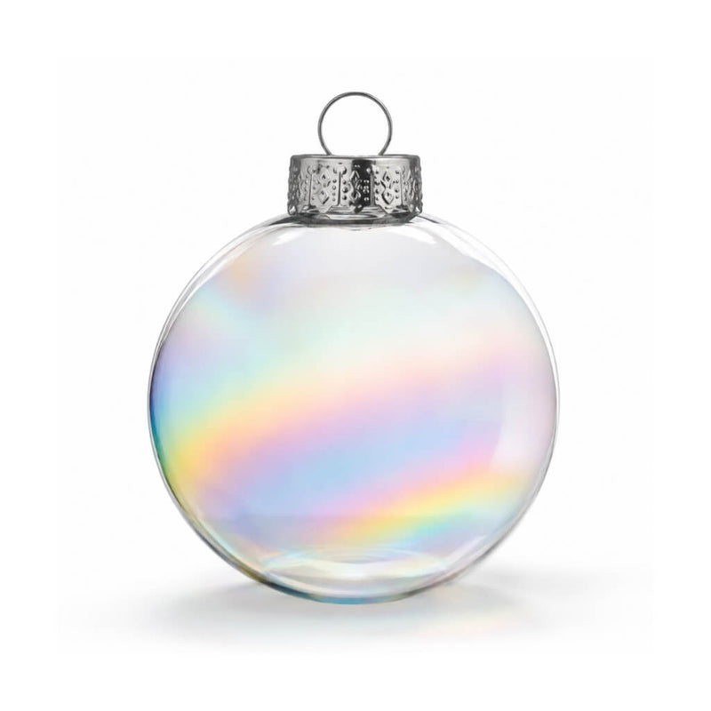 Single Richland glass ornament with an iridescent finish and silver cap on white background - thumbnail number 1