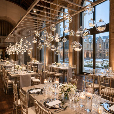Clear glass ornaments hanging over elegant tables in a grand hall - thumbnail number 5