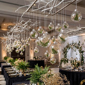 Clear glass ornaments filled with ferns hanging above reception tables - thumbnail number 2