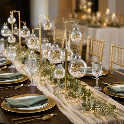 Gold ornament stands with hanging glass baubles on a banquet table - thumbnail number 6