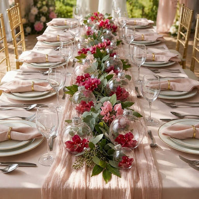 Clear glass ornaments filled with red flowers styled along a wedding table runner - thumbnail number 3