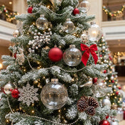 Flocked Christmas tree decorated with clear glass baubles and red ornaments - thumbnail number 9