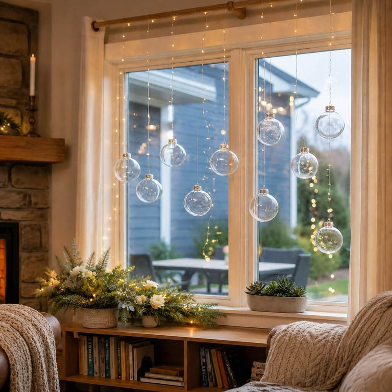 Clear glass ornaments hanging in a window with fairy lights - thumbnail number 8