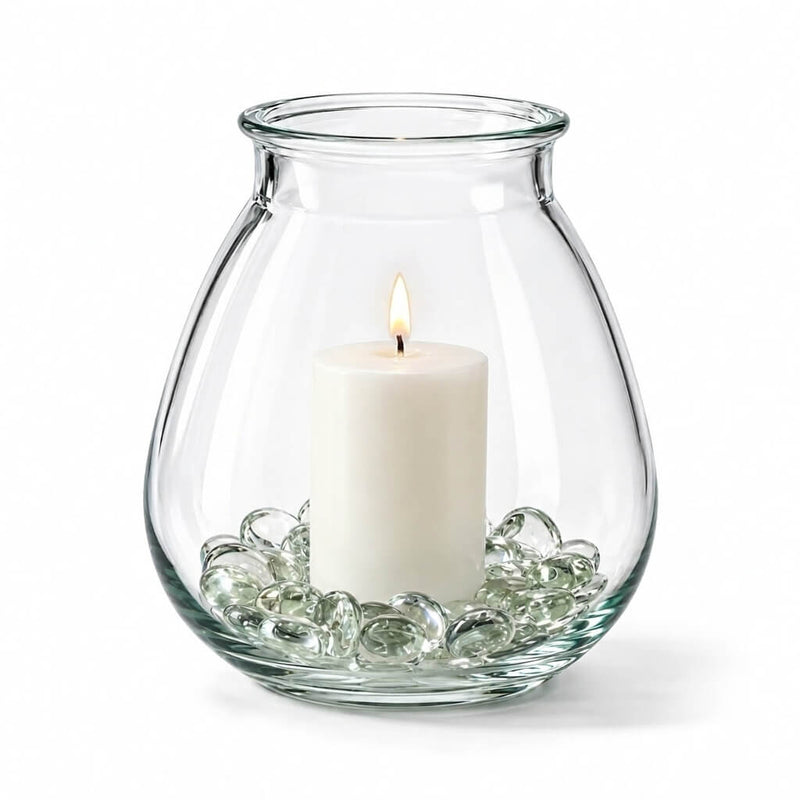 White pillar candle and glass gems in a Large Glass Vase on a white background - thumbnail number 3