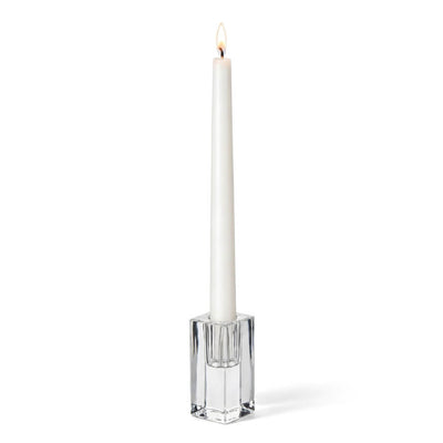 Lit white candle in a Square Glass Taper Candle Holder 3" on a white background - thumbnail number 3