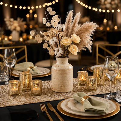 5" ceramic vase holding flowers as centerpiece in a black and gold theme event - thumbnail number 4