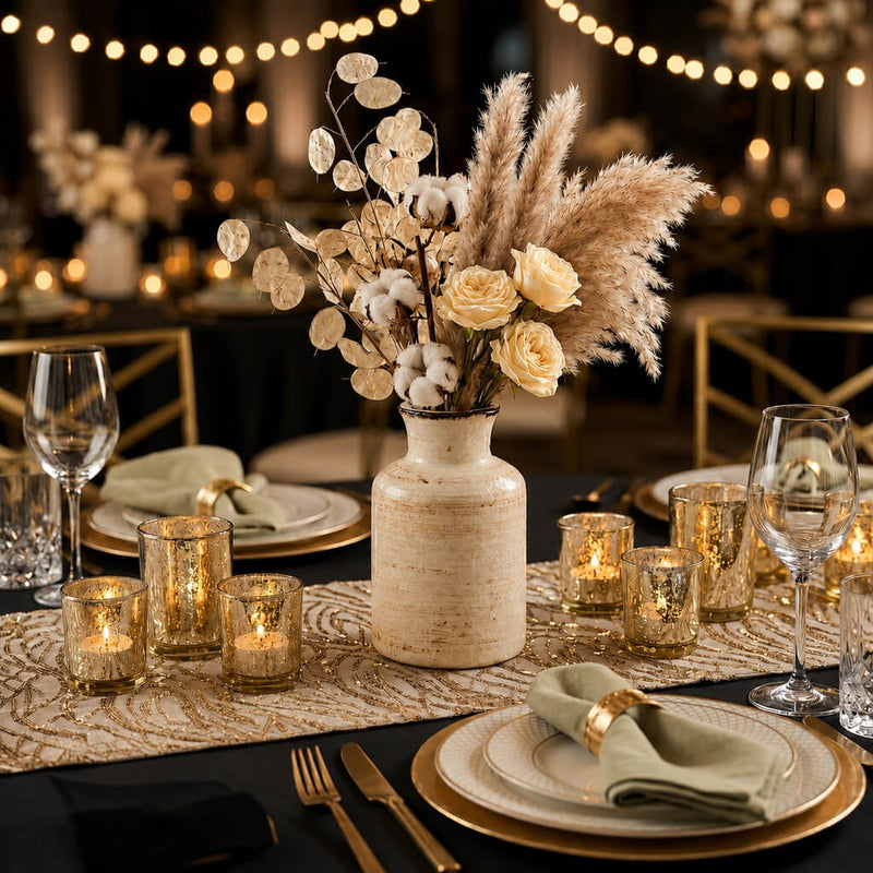 5" ceramic vase holding flowers as centerpiece in a black and gold theme event - thumbnail number 4
