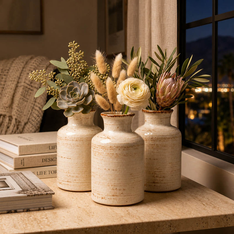 Three rustic ceramic vases filled with botanical arrangements - thumbnail number 6