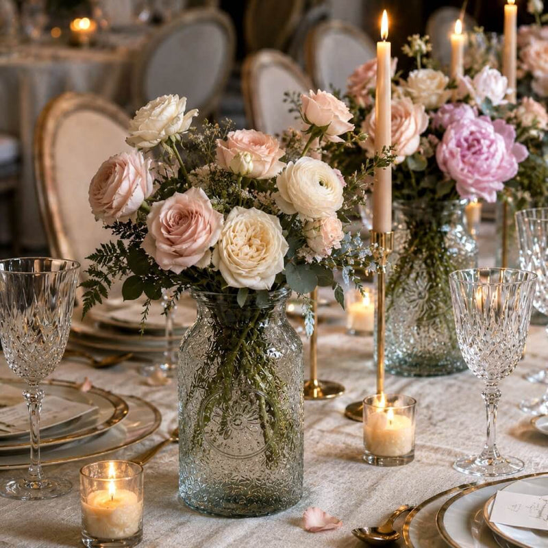 7" Hickory Farmhouse Jar with pastel roses on an elegant wedding tablescape - thumbnail number 4