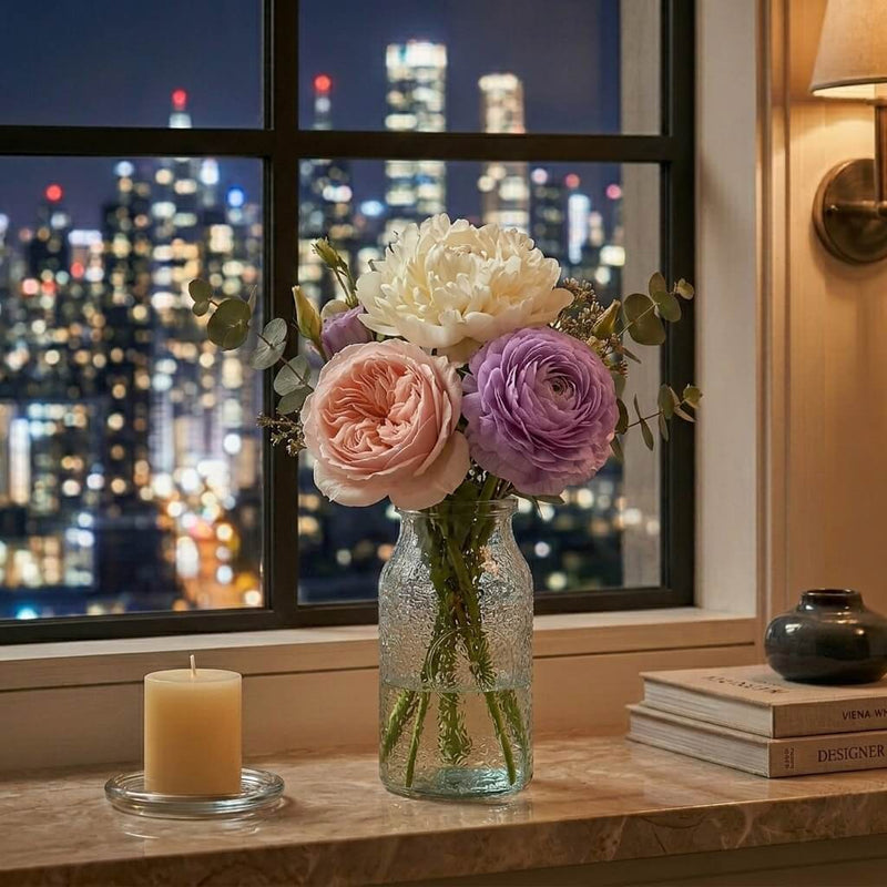 7" Hickory Farmhouse Jar with pastel flowers on a marble windowsill at night - thumbnail number 6