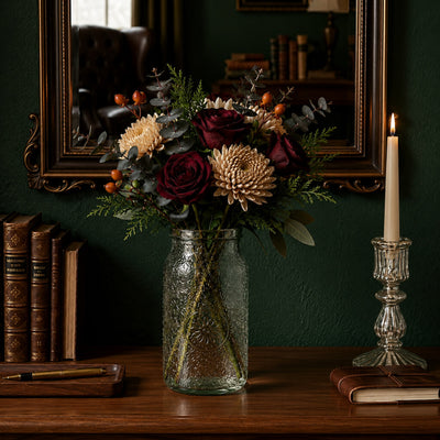 7" Hickory Farmhouse Jar filled with deep red roses and mums on a dark wooden table - thumbnail number 7