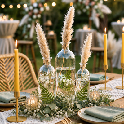 Pampas grass in apothecary glass bottles on a boho tablescape - thumbnail number 5
