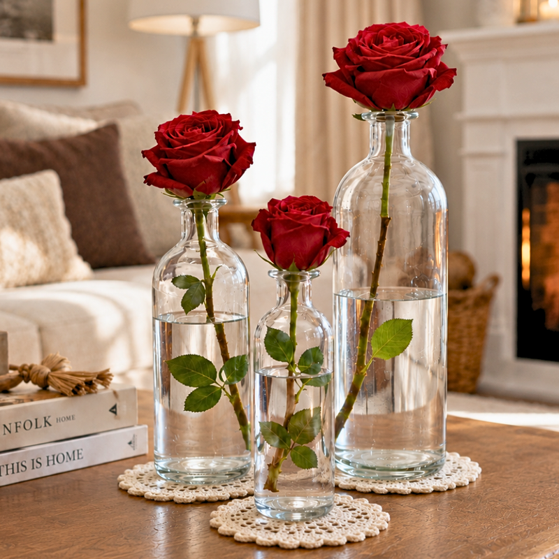 Red roses in apothecary glass bottles on crochet coasters - thumbnail number 6