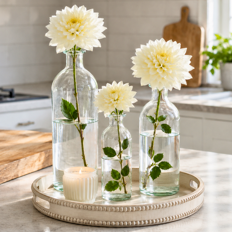 White dahlias in clear apothecary glass bottles on a beaded tray - thumbnail number 7