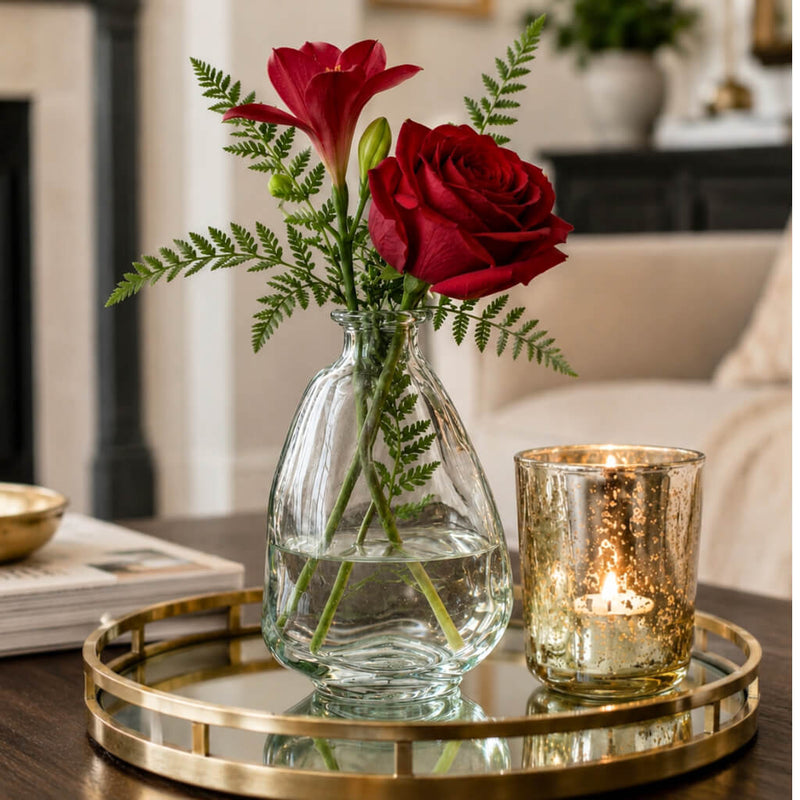 4.5" teardrop glass bottle with red rose and greenery on a tray - thumbnail number 8