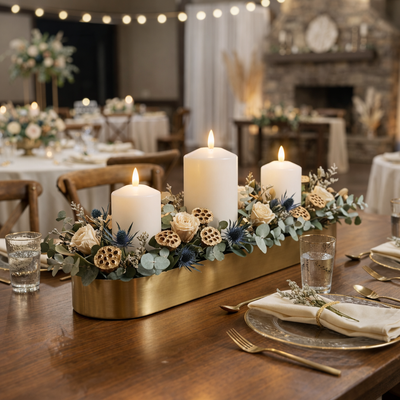 Assorted bullet LED wax candles on elegant floral dining table centerpiece - thumbnail number 3